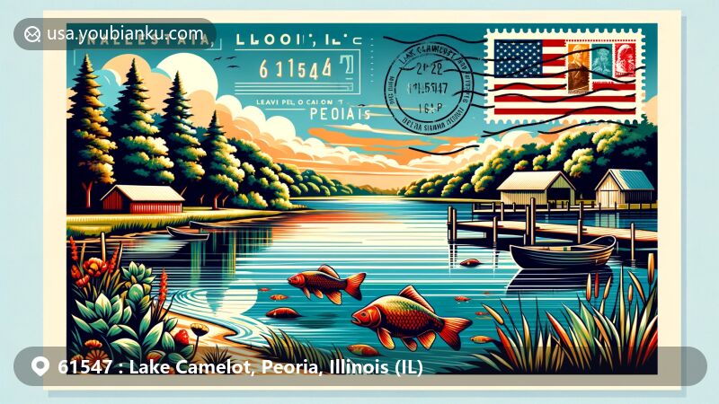 Modern illustration of Lake Camelot, Peoria, Illinois, with a focus on picturesque lakes, featuring fishing activities and Illinois symbols, incorporating postal elements like stamps and postmark with ZIP code 61547.