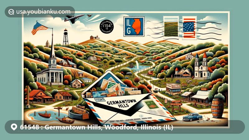 Modern illustration of Germantown Hills, Illinois, featuring Illinois State Route 116, J.R. White Park, Oak Grove Park, and a postal envelope with ZIP code 61548.