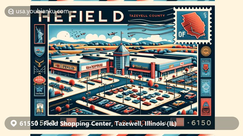 Modern illustration of Field Shopping Center in Morton, Illinois, Tazewell County, featuring postal theme with ZIP code 61550, surrounded by recognizable symbols, automobile dealerships, public parks, and residential developments.