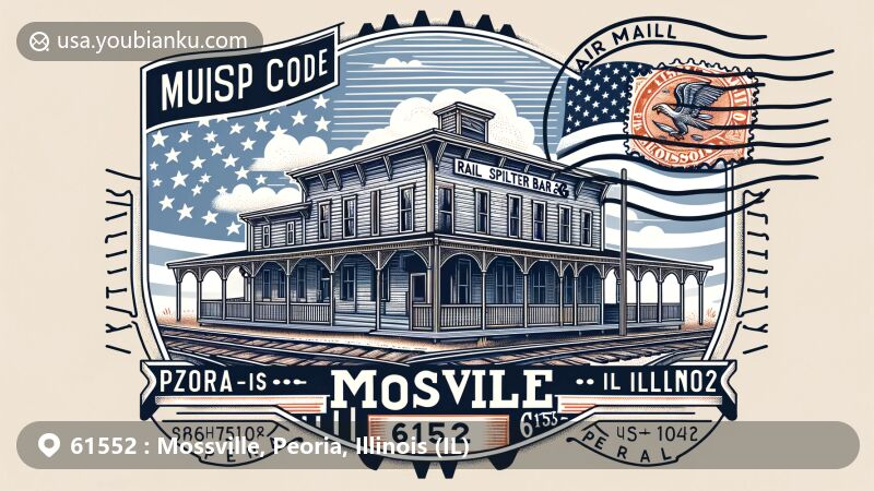 Modern illustration of Rail Splitter Bar & Grill in Mossville, Peoria County, Illinois ZIP code 61552, featuring vintage postal elements like a retro stamp with county outline, aviation mail envelope design, and 'Mossville, IL 61552' postmark, blending seamlessly with the Illinois state flag in the background.