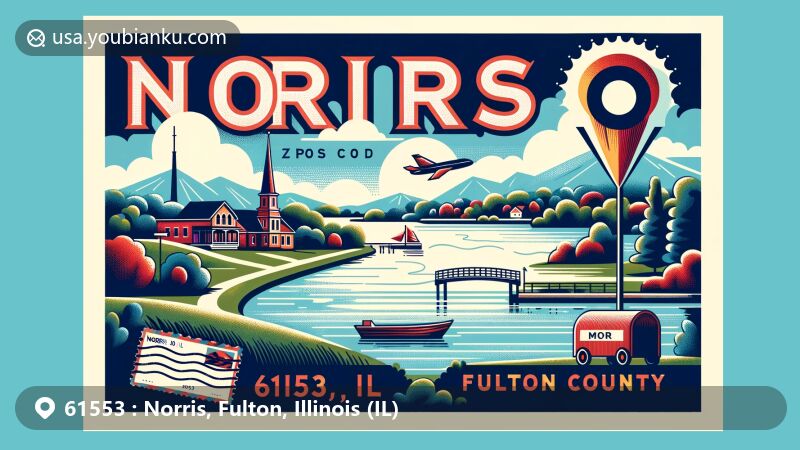 Modern illustration of Norris, Fulton County, Illinois, showcasing postal theme with ZIP code 61553, featuring iconic landscape and Illinois state symbols.