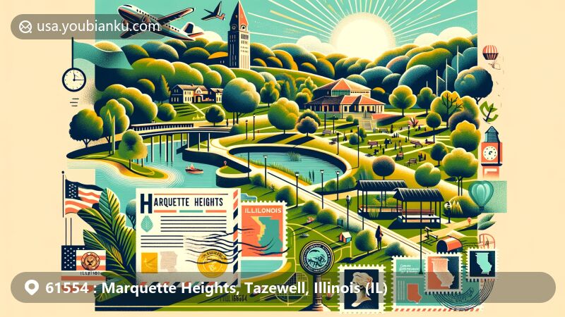 Modern illustration of Marquette Heights, Illinois, featuring John T McNaughton Park, Peoria vicinity, and Tazewell County, with vintage airmail elements and 'Marquette Heights, IL 61554' postal details.