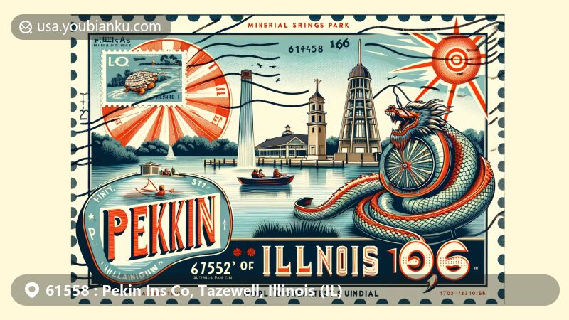 Vintage-style postcard illustration of Pekin, Tazewell County, Illinois, featuring Mineral Springs Park, 'World's Greatest Sundial', and DragonLand Water Park with Dude the dragon slide, along with Illinois state flag and postal elements for ZIP code 61558.