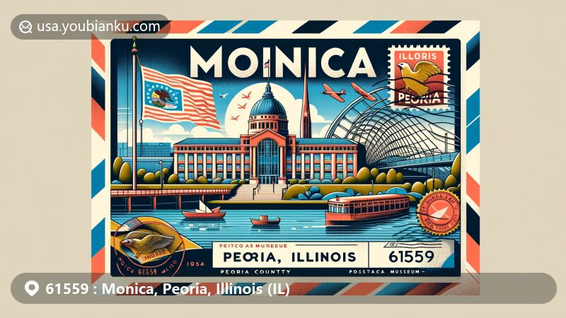 Modern illustration of Monica, Peoria, Illinois, featuring Illinois state flag, Peoria County outline, and Peoria Riverfront Museum in vintage airmail envelope with ZIP code 61559.