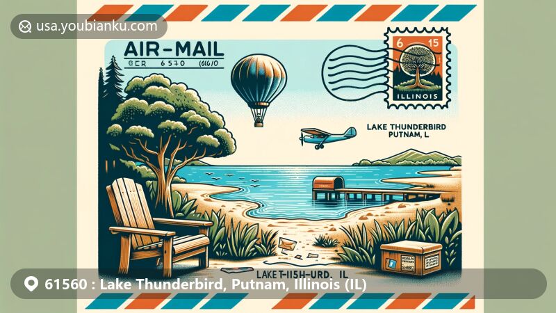 Modern illustration of Lake Thunderbird, Putnam, Illinois, capturing the scenic beauty with Chair Tree, presented in a creative airmail envelope design with simulated postage stamp and postmark '61560'.