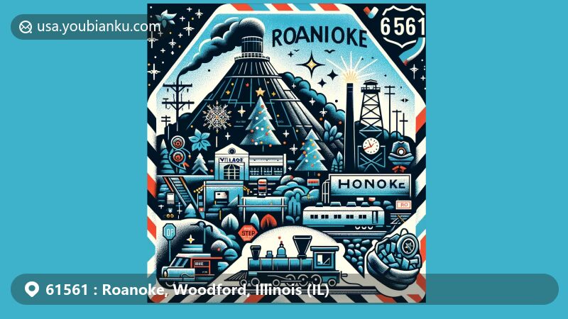 Modern illustration of Roanoke, Woodford County, Illinois, highlighting ZIP code 61561, showcasing village map, coal mining heritage, railroad history, Jumbo slag mound, and postal theme with Illinois state flag.