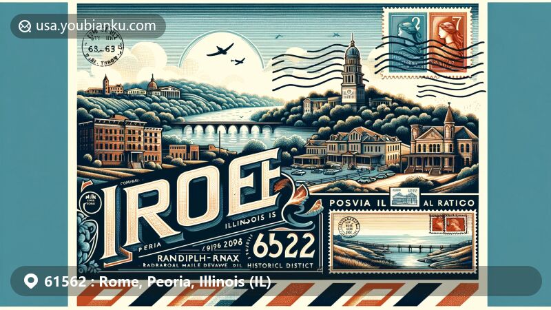 Modern illustration of Rome, Peoria, Illinois, showcasing postal theme with ZIP code 61562, featuring Grand View Drive and Randolph-Roanoke Historic District.