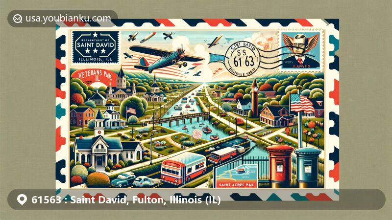 Modern illustration of Saint David, Fulton County, Illinois, capturing scenic parks like Veterans Park and 40 Acres Park, showcasing a vibrant community with postal elements like vintage air mail envelope, Illinois state flag stamp, and red postal mailbox.