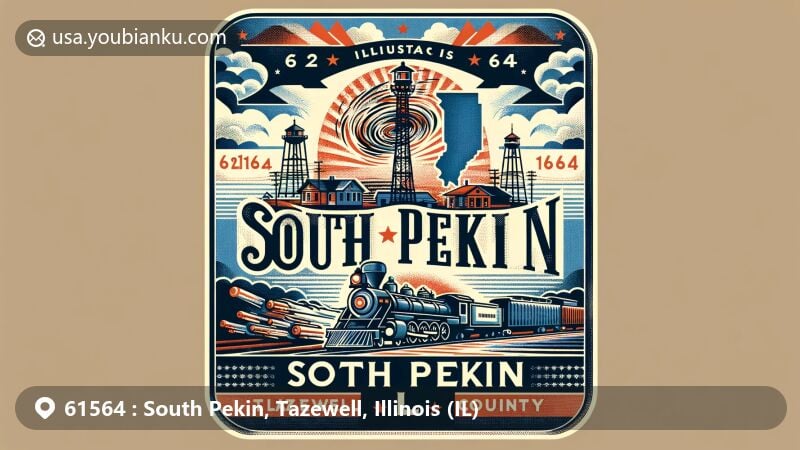 Modern illustration of South Pekin, Illinois, showcasing vintage postcard design with Illinois state flag and Tazewell County outline, highlighting railroad history, resilience to natural disasters, and ZIP code 61564.
