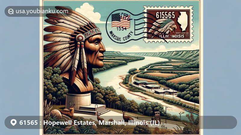 Modern illustration of ZIP code 61565, Hopewell Estates in Marshall County, Illinois, featuring a wooden sculpture of a Native American head, Illinois River Valley, rolling hills, and postal elements.