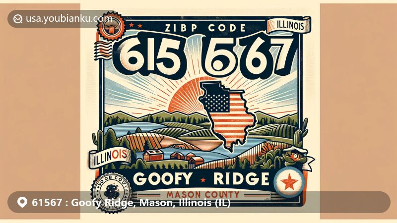 Modern illustration of Goofy Ridge, Mason County, Illinois, capturing the essence of ZIP code 61567 in a vintage postcard format, featuring postal elements and local icons against a backdrop of natural landscapes and Illinois state symbols.