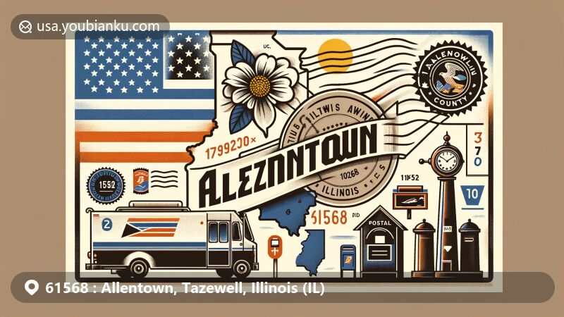 Modern illustration of Allentown, Tazewell County, Illinois, featuring postal theme with ZIP code 61568, integrating Illinois state flag and symbolic elements of Allentown.