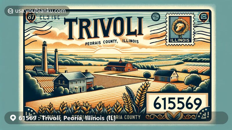 Modern illustration of Trivoli, Peoria County, Illinois, showcasing agricultural heritage with farmland, vintage postcard featuring Illinois state elements, and local landmark imagery.