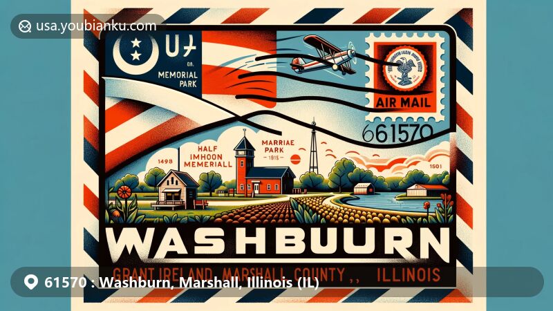 Modern illustration of Washburn, Marshall County, Illinois, with air mail envelope theme, portraying local landmarks like Grant Ireland Memorial Park and Half Moon Prairie Park, embodying small-town charm and agricultural community.