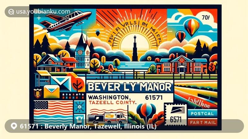 Modern illustration of Beverly Manor, Washington, Tazewell County, Illinois, blending regional landmarks with postal elements, incorporating ZIP code 61571, postal icons, and a contemporary design.