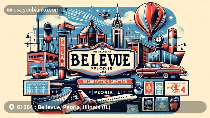 Modern illustration of Bellevue, Peoria County, Illinois, featuring postal theme with ZIP code 61604, showcasing Landmark Recreation Center and historical Bellevue Drive-In.