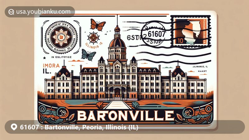 Modern illustration of Peoria State Hospital, Illinois, with state flag and postal theme, showcasing ZIP code 61607 and Bartonville's geographic location.