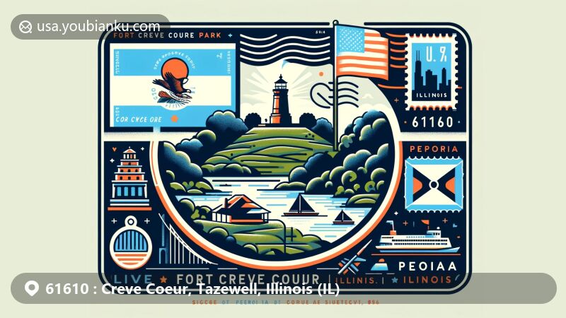 Modern illustration of Creve Coeur, Illinois, emphasizing Fort Creve Coeur Park and outdoor activities, featuring Illinois state flag and postal theme with postcard background, stamp, and postmark with ZIP code 61610.