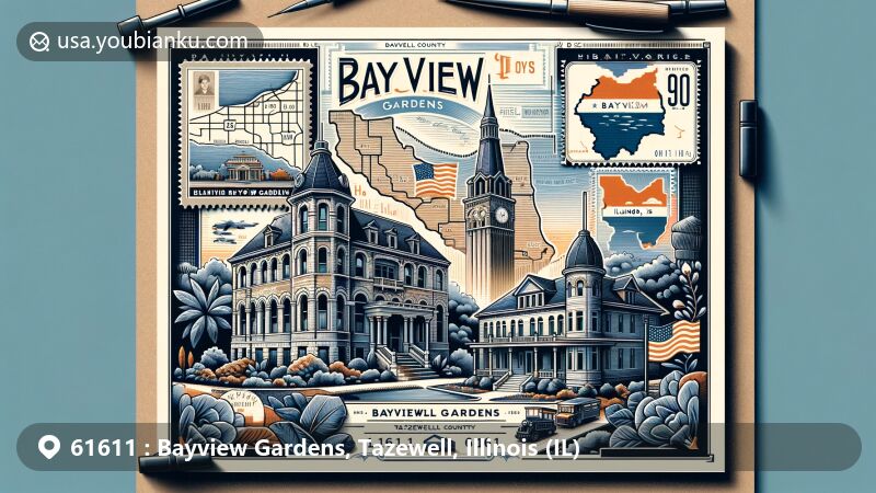 Modern illustration of Bayview Gardens, Tazewell, Illinois, showcasing postal theme with ZIP code 61611, featuring iconic landmarks and postal elements, including historic buildings and American flag.
