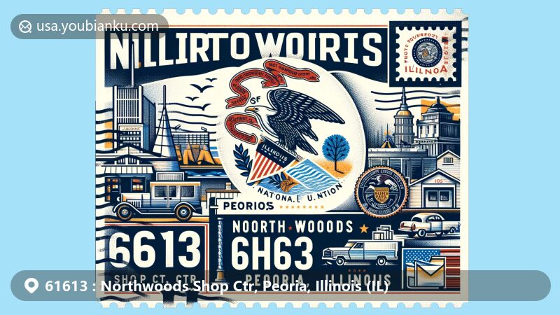 Modern illustration of Northwoods Shopping Center, Peoria, Illinois, capturing the Illinois state flag with its iconic eagle emblem and state motto. Includes stylized landmarks of Peoria and postal details like vintage postage stamp corner with ZIP code 61613 and postage mark.