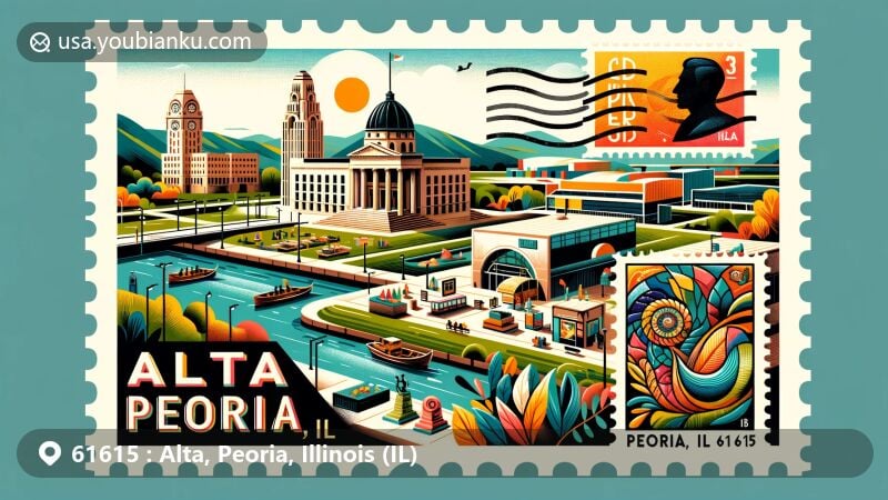 Modern illustration of Alta, Peoria, Illinois, featuring postal theme with ZIP code 61615, showcasing Peoria Riverfront Museum, City Hall, local art, and scenic Illinois River landscape.