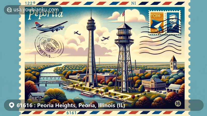 Modern illustration of Peoria Heights, Peoria, Illinois, highlighting postal theme with ZIP code 61616, featuring Observation Tower at Tower Park with panoramic views, postcard elements, and Illinois state flag.