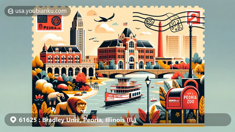 Modern illustration of the Bradley University area in Peoria, Illinois, featuring iconic university buildings, diverse species from Peoria Zoo, George L. Luthy Memorial Botanical Garden, and Spirit of Peoria paddlewheeler, designed as a postcard with postal elements.