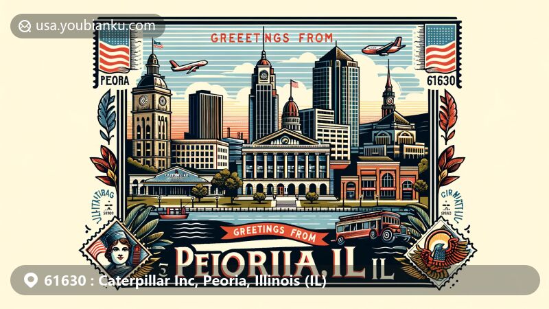 Modern illustration of Peoria, Illinois skyline, featuring Peoria Riverfront Museum, Caterpillar Inc. headquarters, Peoria Civic Center, and Illinois state flag elements.