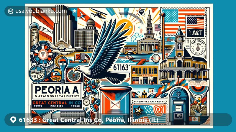 Modern illustration of Great Central Ins Co, Peoria, Illinois, featuring postal theme with ZIP code 61633, Illinois state flag, Downtown Peoria National Historic District, and cultural symbols like the Contemporary Art Center of Peoria.