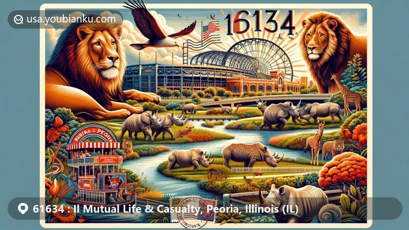 Modern illustration of Peoria, Illinois, featuring iconic landmarks and elements associated with ZIP code 61634, including Peoria Zoo, Luthy Botanical Garden, Dozer Park, Spirit of Peoria paddlewheeler, and Wildlife Prairie Park, with Illinois state symbols and postal theme.