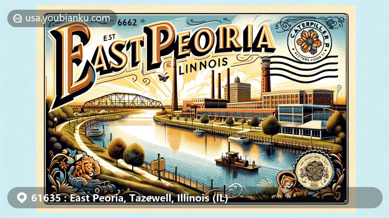 Modern illustration of East Peoria, Illinois, with ZIP code 61635, featuring Illinois River, Caterpillar Inc., Riverfront Park, and Caterpillar Visitors Center.