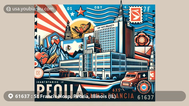 Modern illustration of OSF Saint Francis Medical Center in Peoria, Illinois, with Illinois state flag and Peoria symbols, postcard design with ZIP code 61637.