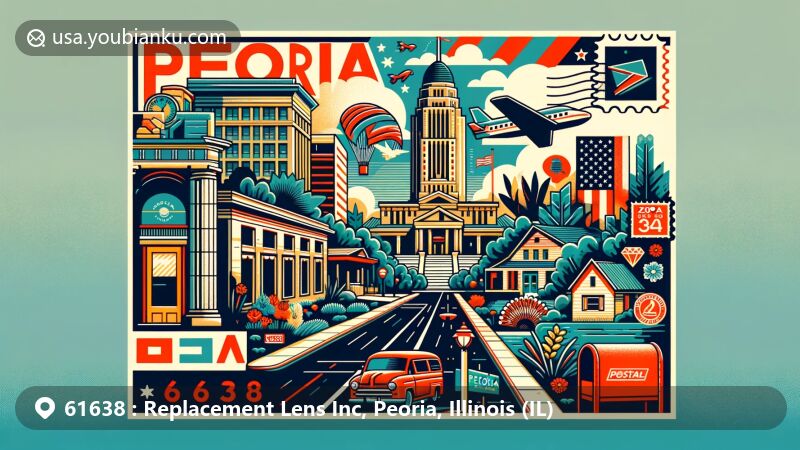 Modern illustration of ZIP code 61638 in Peoria, Illinois, featuring Grand View Drive and local cultural elements, blending postal motifs like airmail envelope, vintage postage stamps, postmark with ZIP code, and red mailbox.