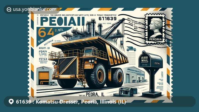 Modern illustration of ZIP Code 61639, featuring Komatsu factory in Peoria, Illinois, in the form of an airmail envelope with a postage stamp showcasing a detailed heavy mining truck.