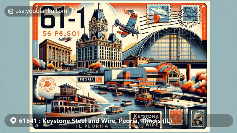Modern illustration of Peoria, Illinois, showcasing ZIP code 61641 and featuring Keystone Steel and Wire, Peoria City Hall with Flemish Renaissance architecture, Rock Island Depot and Freight House, Spirit of Peoria paddlewheeler, vintage air mail elements, and postmark.