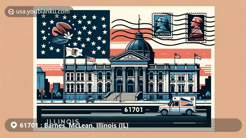 Modern illustration of Barnes, McLean, Illinois, showcasing postal theme with ZIP code 61701, featuring McLean County Museum of History, Illinois state flag, and postal elements.