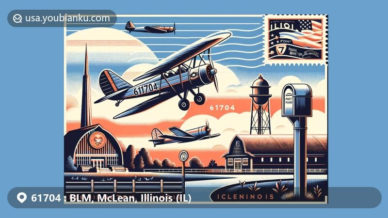 Modern illustration of Bloomington area in McLean County, Illinois, with ZIP code 61704, featuring Prairie Aviation Museum, Constitution Trail, and State Farm Park, integrating regional and postal themes.