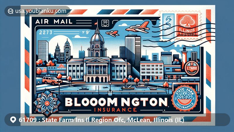 Modern illustration showcasing postal theme with ZIP code 61709, blending State Farm Insurance logo, Illinois State University, and downtown Bloomington landmarks.