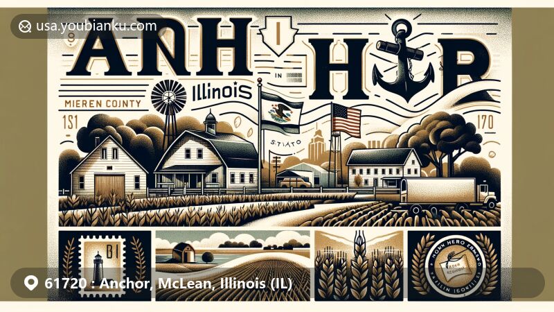 Modern illustration of Anchor, Illinois, showcasing rural charm and postcard theme, integrating village atmosphere, Illinois agriculture, and state flag tribute.