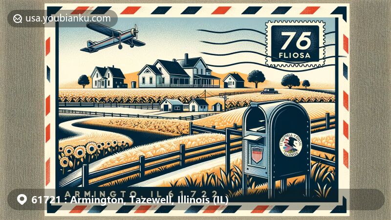 Artistic representation of Armington, Tazewell County, Illinois, featuring rural landscape, Illinois prairie, agricultural heritage, state flag, postal elements, and community spirit.