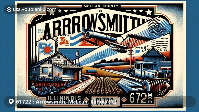 Modern illustration of Arrowsmith, Illinois, with ZIP code 61722, highlighting rural community and McLean County's landscape and agriculture, featuring vintage air mail envelope, postage stamp with Illinois state flag.