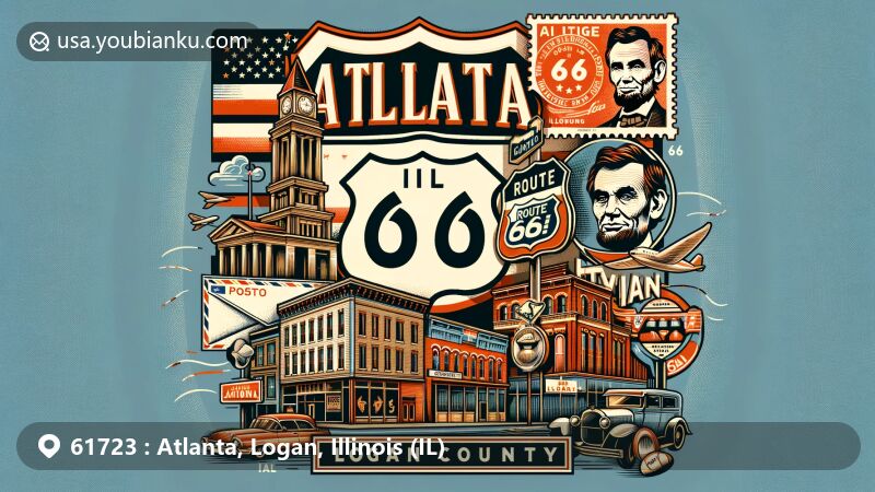 Modern illustration of Atlanta, Logan County, Illinois, featuring Route 66 sign, Abe Lincoln elements, vintage postcard style with IL state flag, Route 66 stamp, and Atlanta postmark.