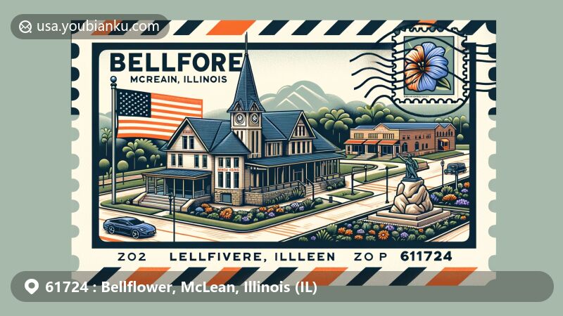 Modern illustration of Bellflower, McLean, Illinois, showing postal theme with ZIP code 61724, featuring Bellflower Depot Museum, Flanigon Rocks, Bellflower Memorial Wall, and Illinois state flag.