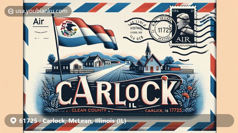 Modern illustration of Carlock, McLean County, Illinois, showcasing postal theme with ZIP code 61725, featuring airmail envelope design with postal stamps, postmark, Illinois state flag, and pastoral landscape, including a silhouette of a small, iconic building representing the village's charm.