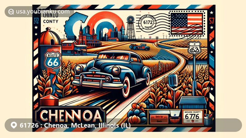 Modern illustration of Chenoa, Illinois, highlighting Route 66 connection and agricultural heritage, featuring vintage car, crops, Illinois state flag, and McLean County outline.
