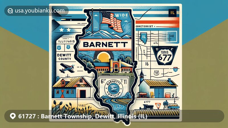 Modern illustration of Barnett Township, DeWitt County, Illinois, showcasing postal theme with ZIP code 61727, featuring Illinois Route 10 and agricultural landscapes.