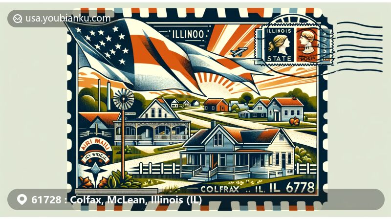 Modern illustration of Colfax, McLean County, Illinois, inspired by ZIP code 61728, blending Illinois state flag, rural village landscape, and postal elements in postcard format.