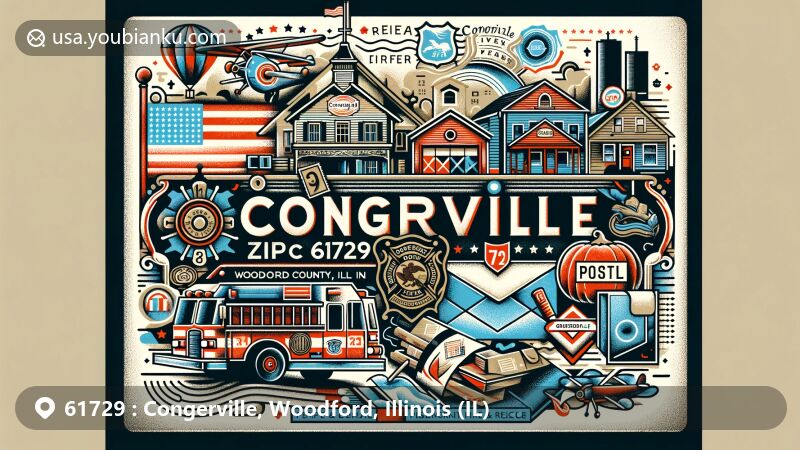 Modern illustration of Congerville, Woodford County, Illinois, showcasing postal theme with ZIP code 61729, featuring village charm and Peoria Metropolitan Statistical Area influence.