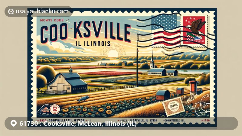 Modern illustration of Cooksville, McLean County, Illinois, highlighting postal theme with ZIP code 61730, featuring Illinois state flag and iconic Midwest landscape.