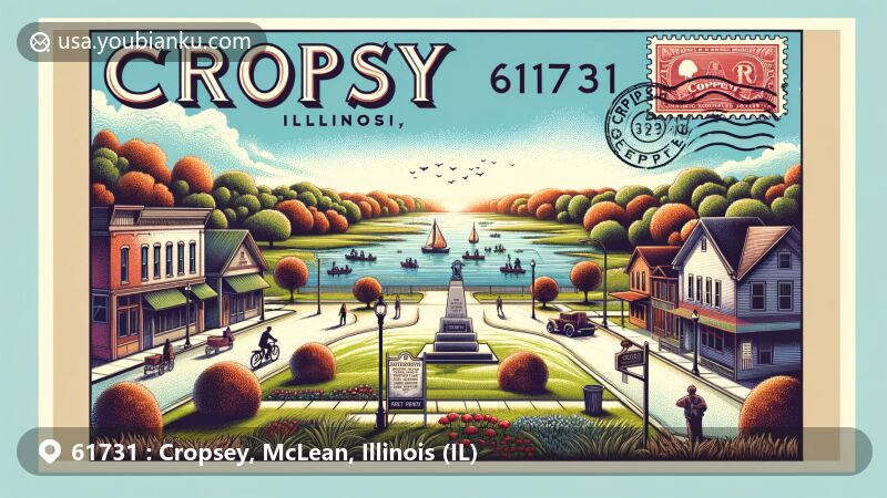 Vintage-style illustration of Cropsey, Illinois, showcasing rural landscape ideal for outdoor activities, quaint downtown area, and WWI Memorial. Includes postal elements and ZIP code 61731 in modern design style with vibrant colors.